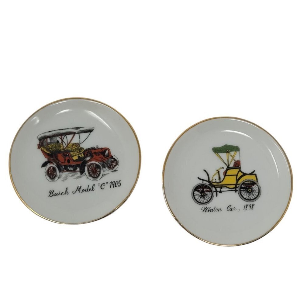 Vintage Antique Car Little plates ceramic coasters decor set of 2 Buick Winton
